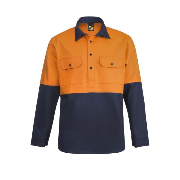 HEAVY DUTY HYBRID HI VIS CLOSED FRONT COTTON DRILL SHIRT WITH SEMI GUSSET SLEEVES Thumbnail
