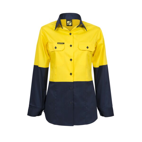 LADIES LIGHTWEIGHT HI VIS LONG SLEEVE VENTED COTTON DRILL SHIRT Thumbnail